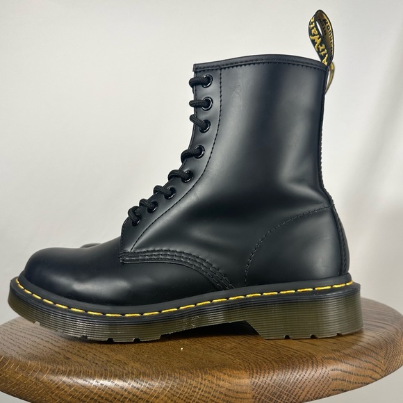 Dr. Martens Shoes - Dr Martens 1460 Smooth Leather Lace Up Boots Black Orange Thread Moto